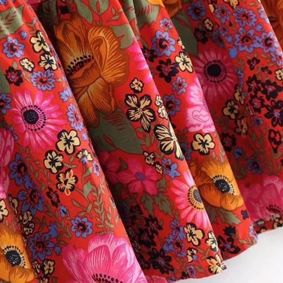 Tiered V Neck Boho Floral Gypsy Print Dress Red - Picture 7 of 10